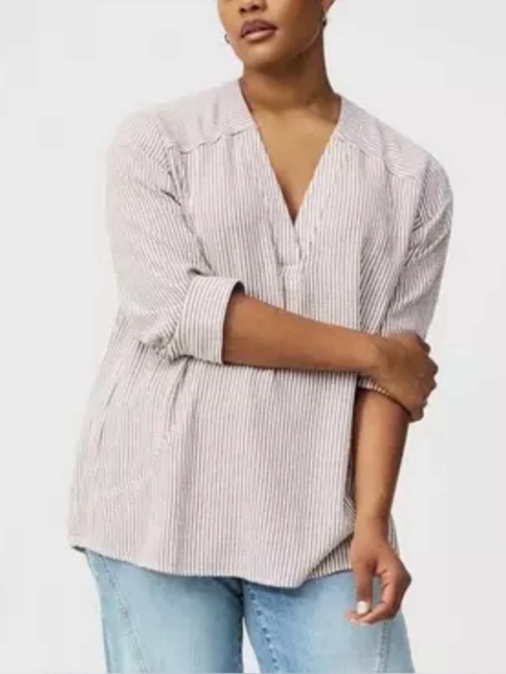 Torrid Striped Relaxed V-Neck Tunic Blouse NWT Brown Cream Size 0 / Large Plus